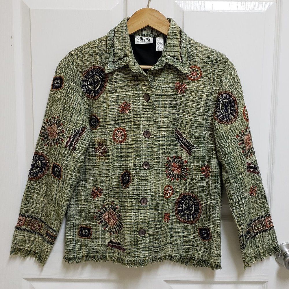 Chico's Green Multi Plaid Silk Blend Embroidered Beaded Fringe Tweed Blazer Sz S